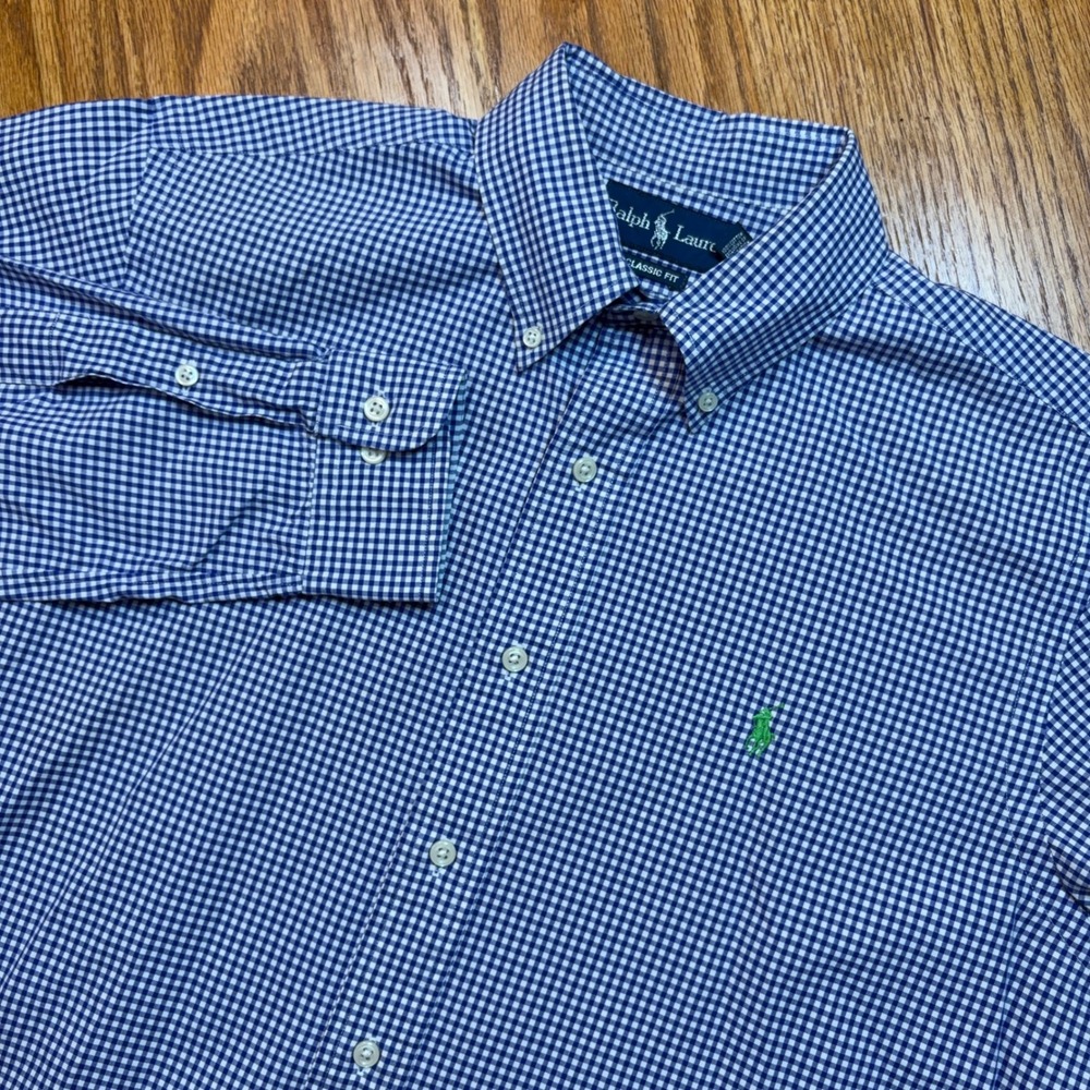 Polo Ralph Lauren Dress Shirt Mens 15.5 32/33 Blue Gingham Classic Fit Cotton